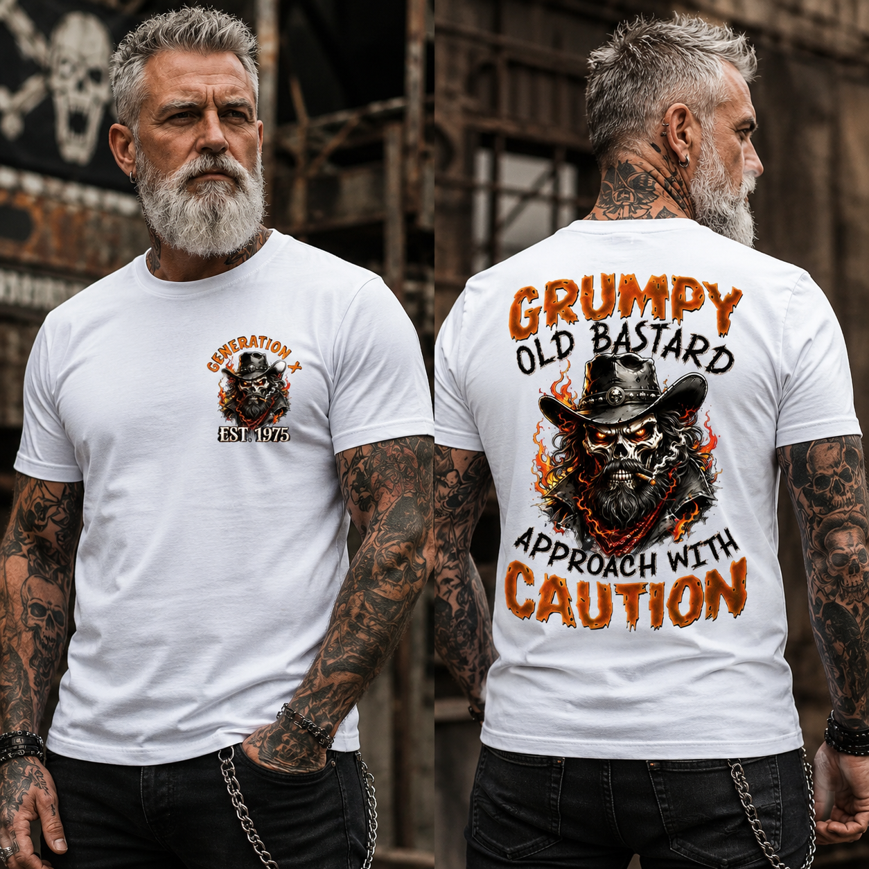 Personalization Year Boomer/Gen X T Shirt, Grumpy Old Bastard Approach With Caution Skull Graphic T-Shirt
