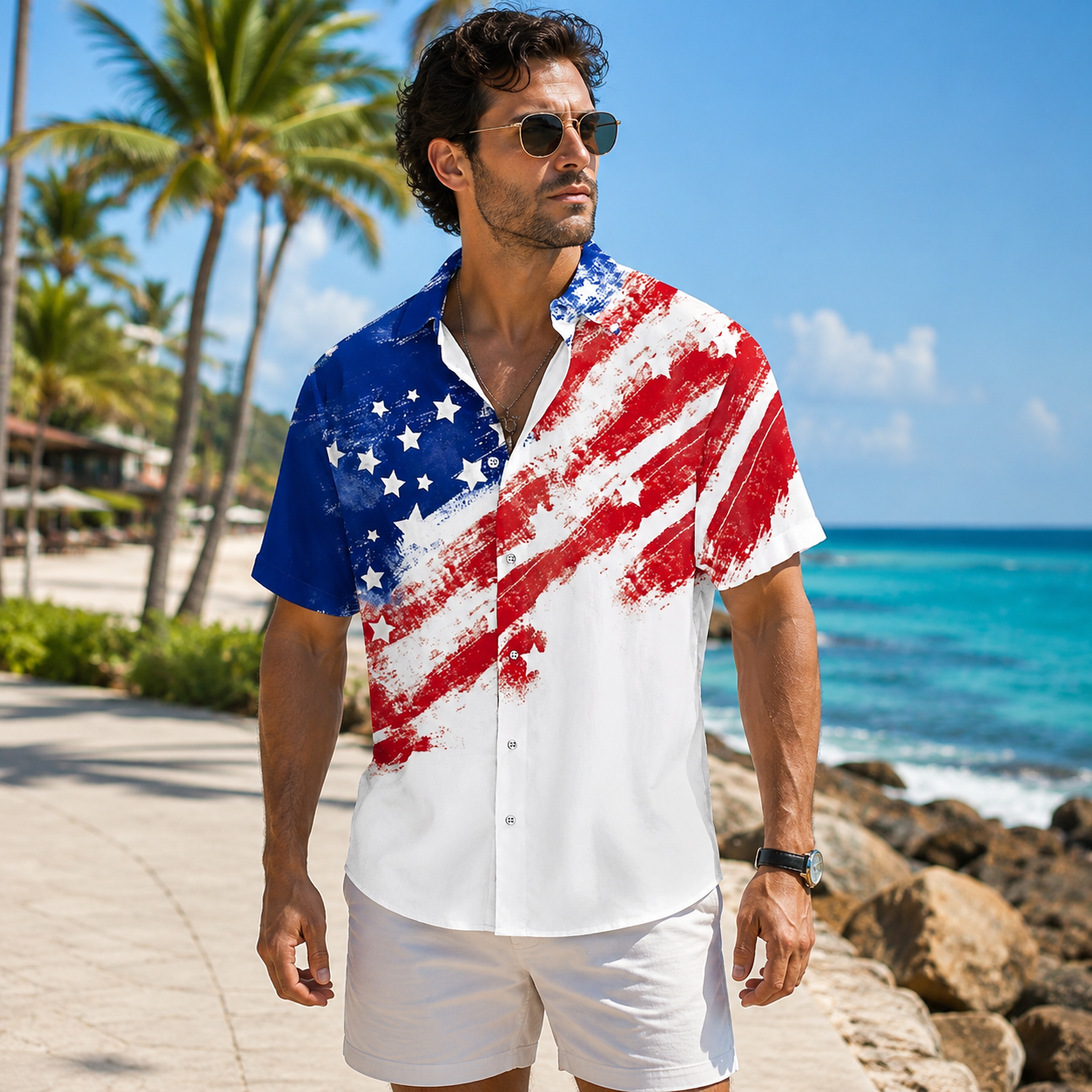 Men's American US Flag 4th of July U.S. Patriotic Shirt Button Up Shirt Short Sleeve