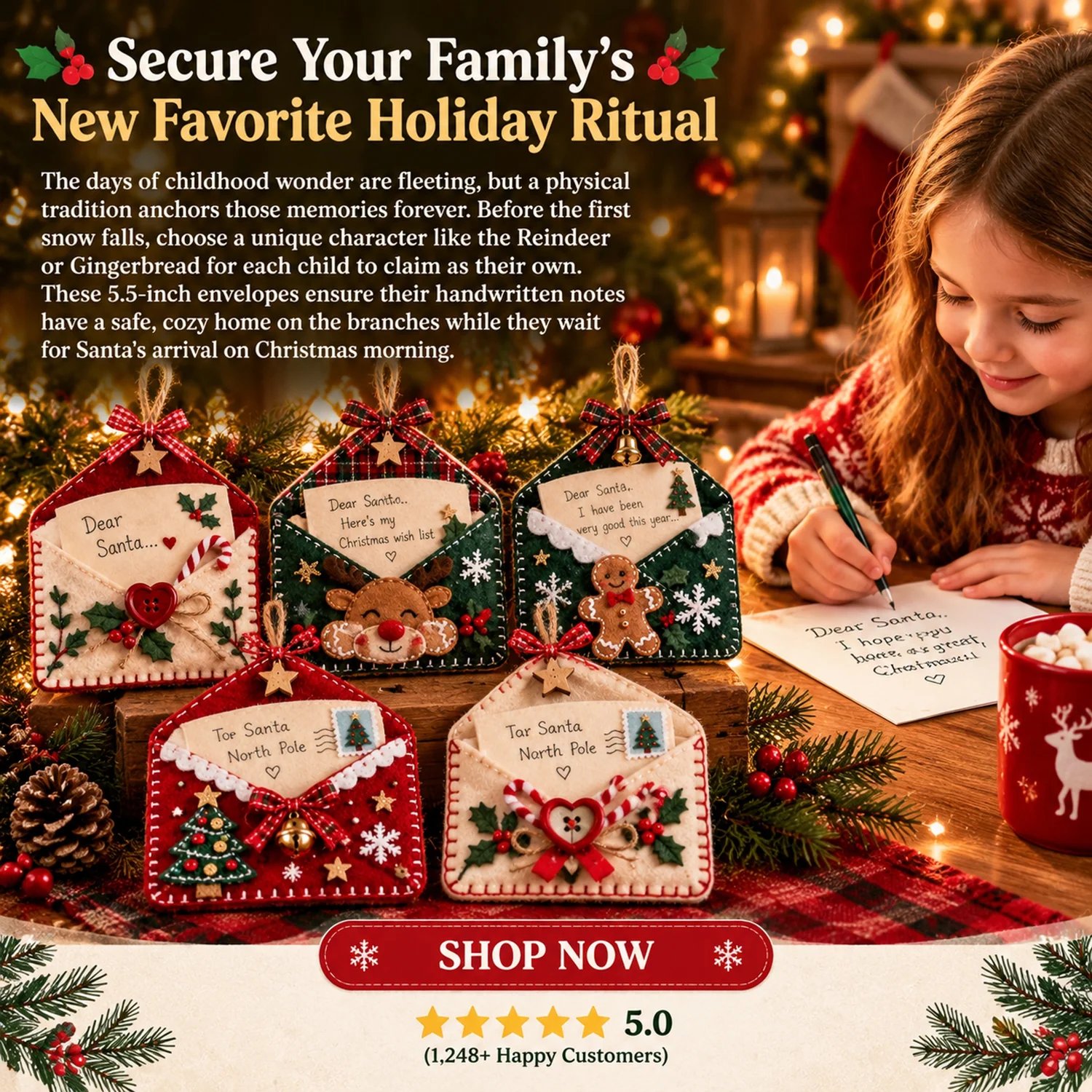 Holiday envelope ornament on display