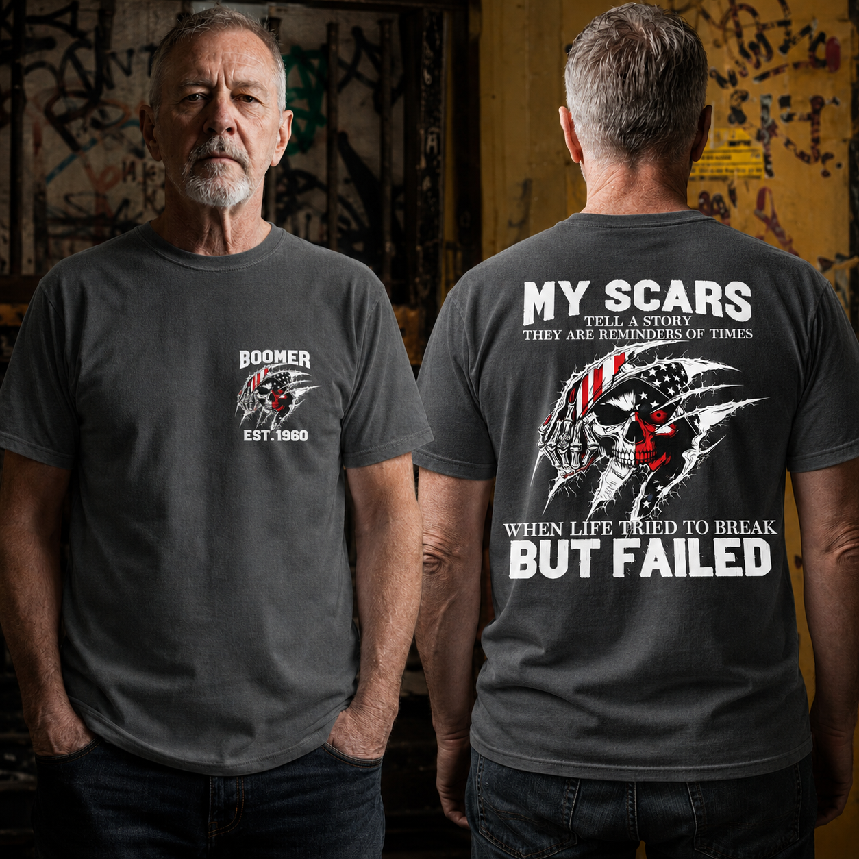 Custom Boomer/Gen X EST.Year & My Scars Tell A Story Double-Sided Patriotic Skull T-Shirt