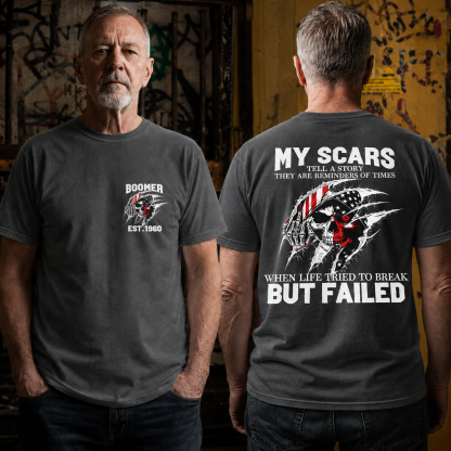 Custom Boomer/Gen X EST.Year & My Scars Tell A Story Double-Sided Patriotic Skull T-Shirt