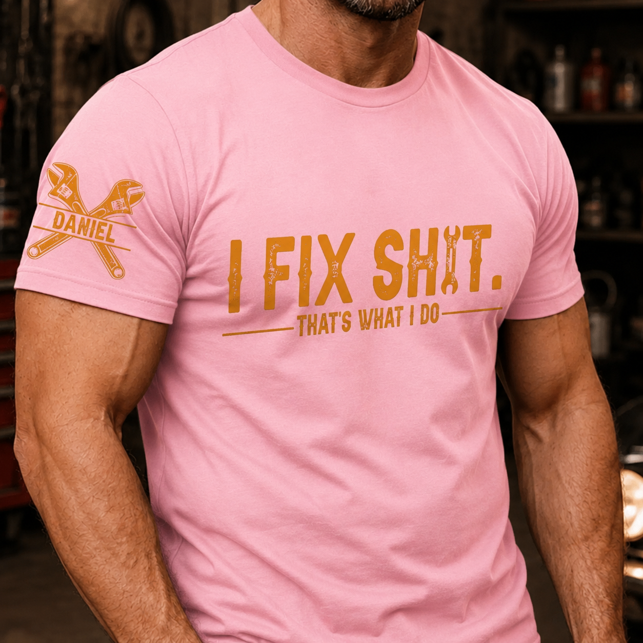 Custom Mechanic Unisex T-Shirt With Design On Sleeve - Personalized Birthday Gifts For Men, Dad, Grandpa, Husband - Built To Fix