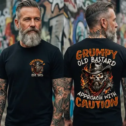 Personalization Year Boomer/Gen X T Shirt, Grumpy Old Bastard Approach With Caution Skull Graphic T-Shirt