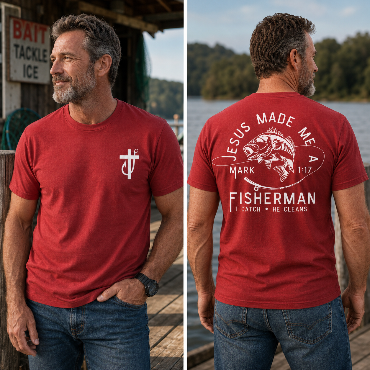 Jesus Made Me A Fisherman T-Shirt - Bold Fishing Graphic With Mark 1:17 Verse , I Catch He Cleans Quote , Faith Based Christian Tee , Fisherman Gift Shirt , Unisex Comfortable Wear , Outdoor Daily Tee Classic