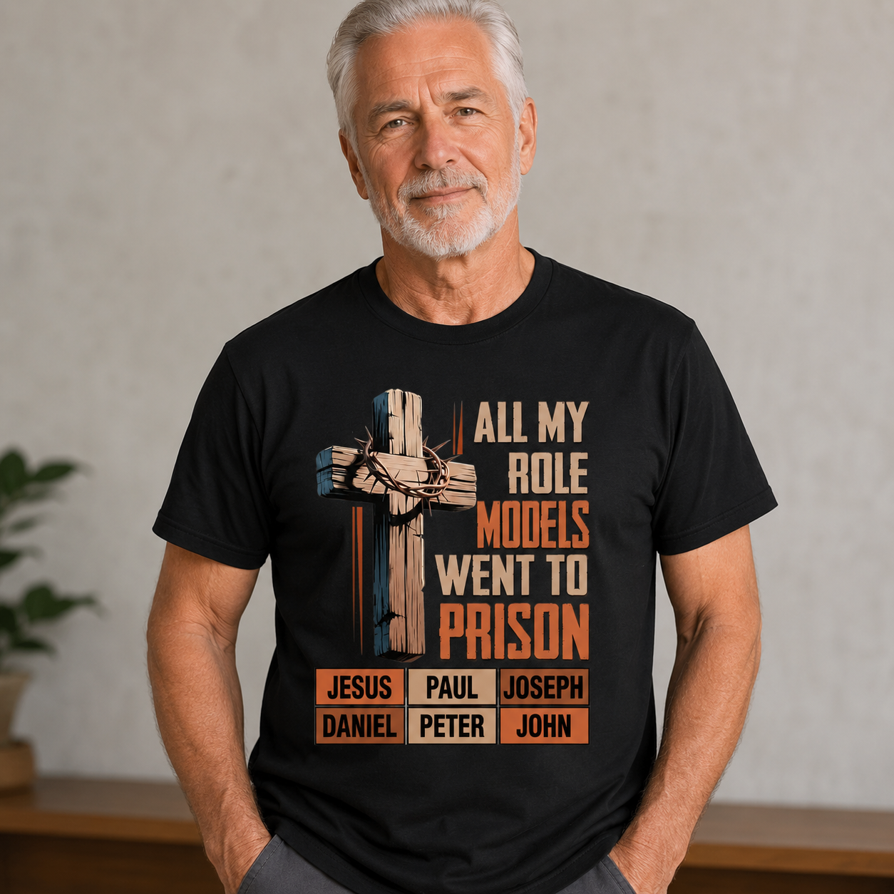 "All My Role Models Went To Prison" Bible Characters Cross Graphic T-Shirt for Men & Women - Vintage Christian Faith Tee
