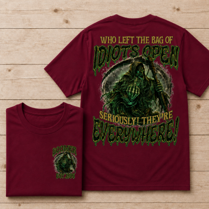Personalization Year Boomer/Gen X T Shirt, Who Left The Bag of Idiots Open Funny Grim Reaper Graphic T-Shirt