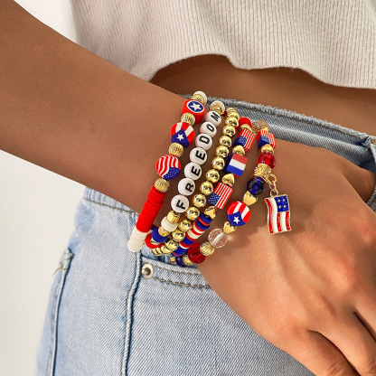 U.S. Patriotic Beaded Bracelet Set – Red White and Blue USA Charm Elastic Stretch Bangles – Holiday Outfits & Party Wear