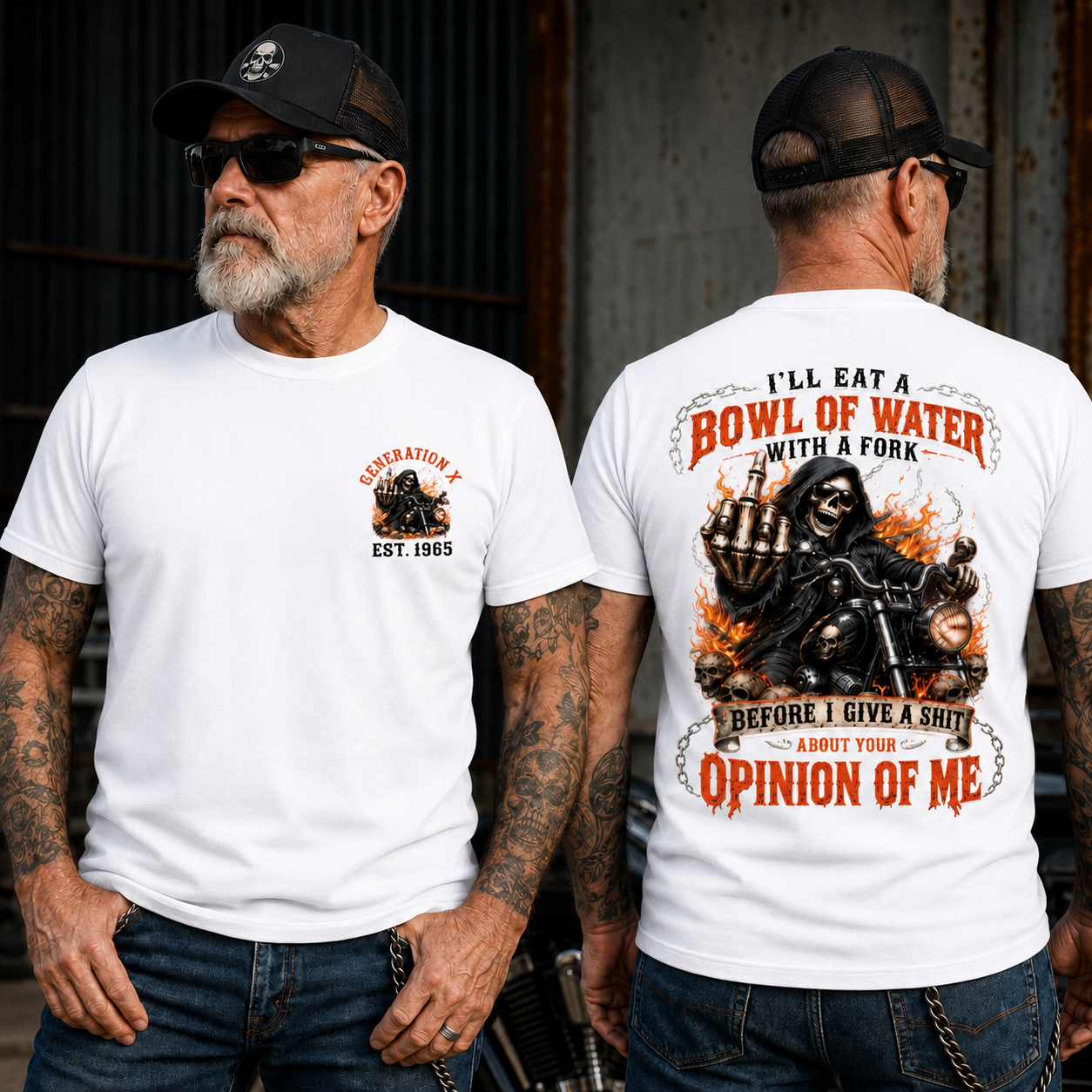 Personalized Year 1965-1980 I'll Eat A Bowl Of Water With A Fork Shirt, Biker Skull Graphic Tee