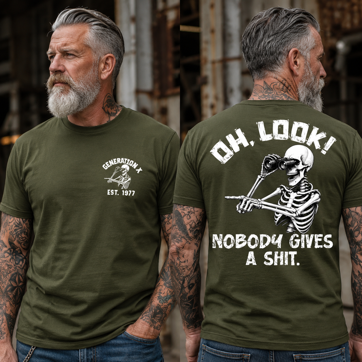 Personalization Year Gen X T Shirt, Oh Look Nobody Gives A Sh*t Skeleton Graphic Shirt