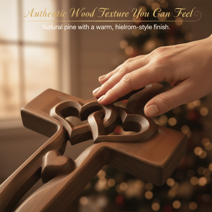 Hand-Carved Intertwined Hearts Wooden Cross