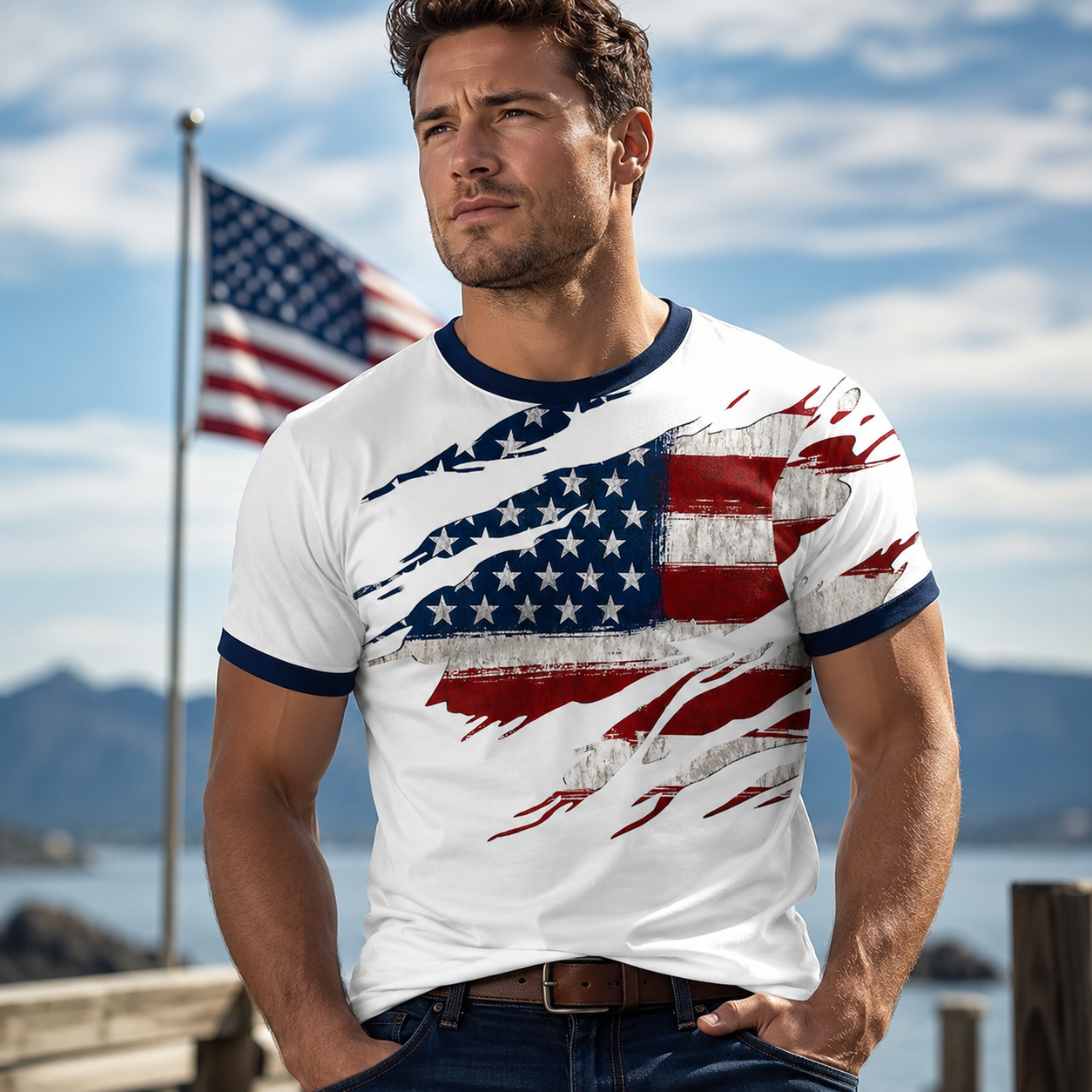 4th of July 2026 Men's Patriotic Patriot 3D Print American Flag Veteran Crew Neck Short Sleeve T-Shirt