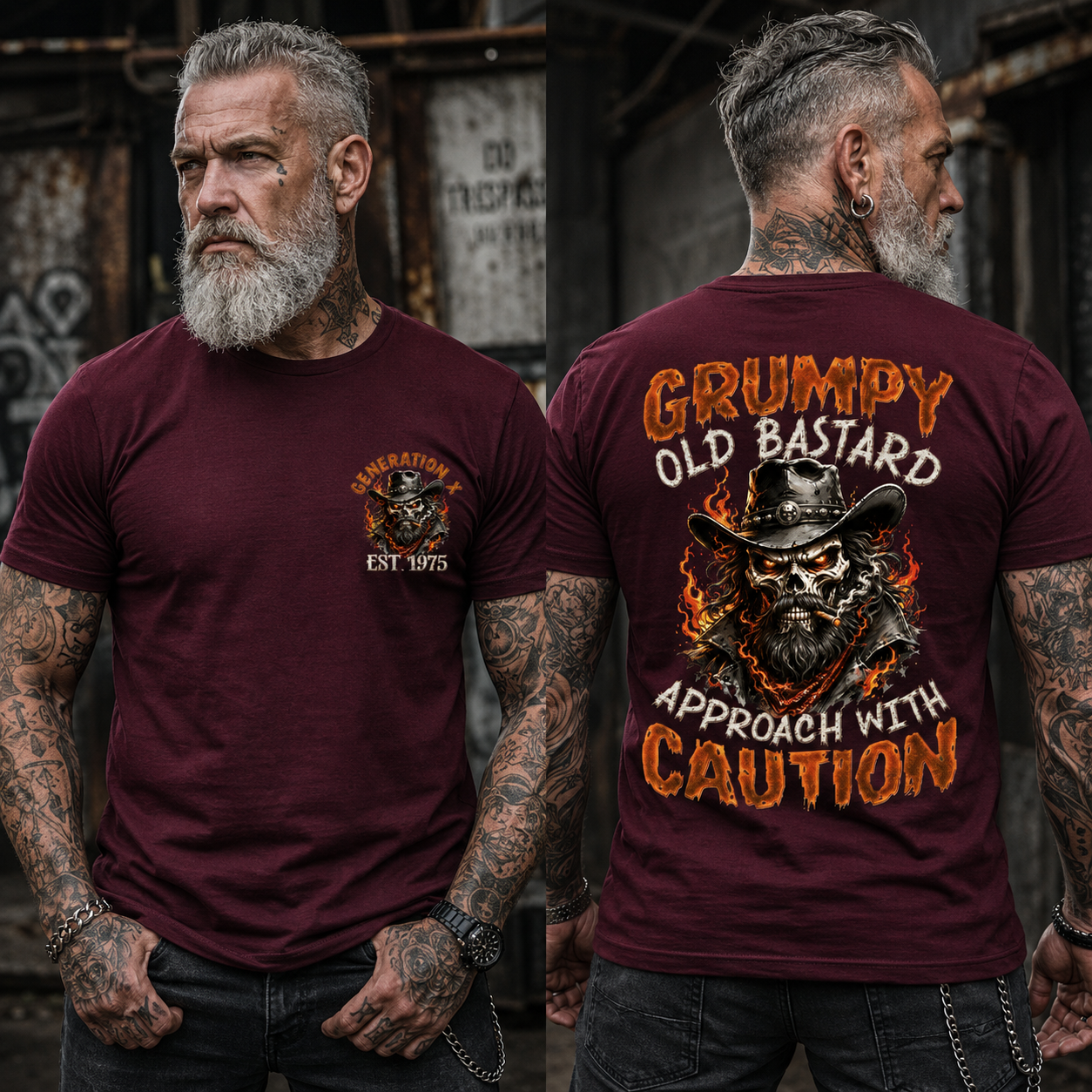 Personalization Year Boomer/Gen X T Shirt, Grumpy Old Bastard Approach With Caution Skull Graphic T-Shirt