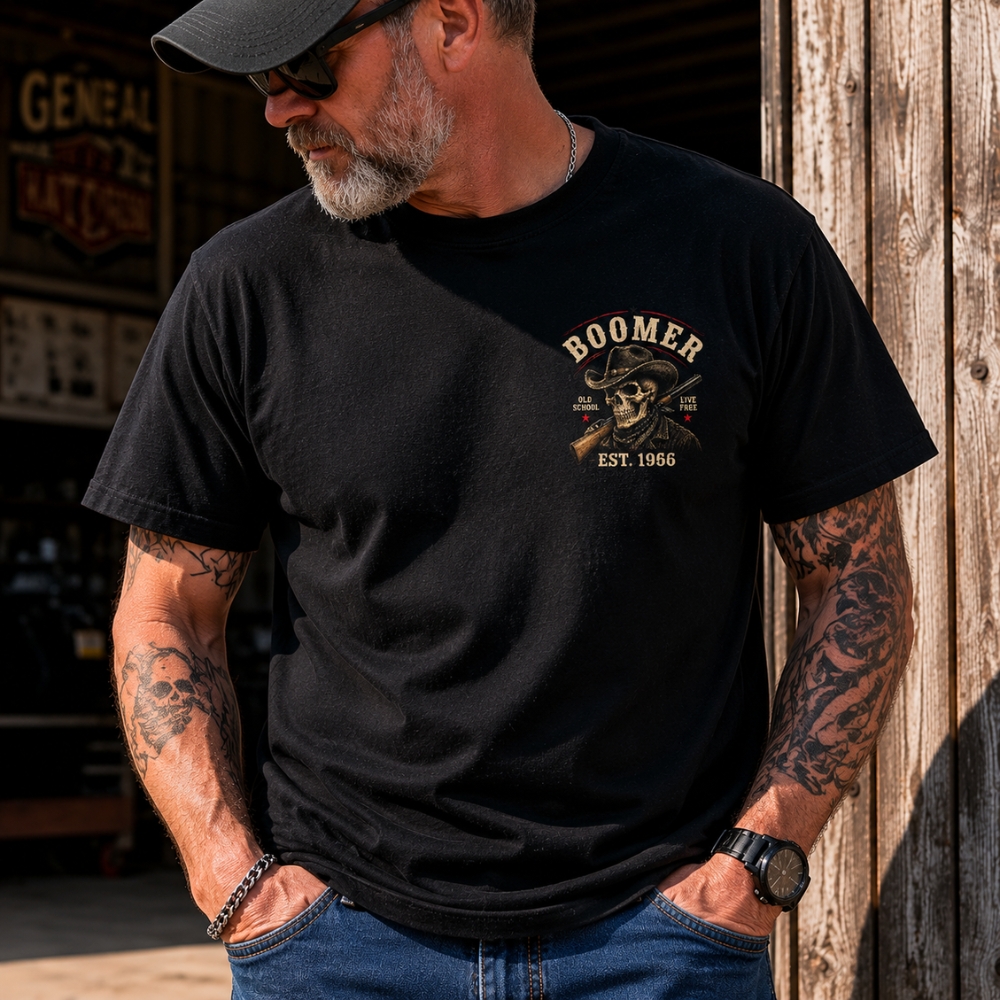 Boomer I've Got O.C.D. Old Cranky & Dangerous Skull Cowboy Rifle Live Free Graphic T-Shirt