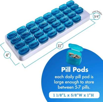 💊Monthly Pill Organizer with Lid - Arthritis-Friendly Easy-Open Lids 31 Removable Daily Pill Pods Date Reminder & Travel Case for Vitamins & Medications