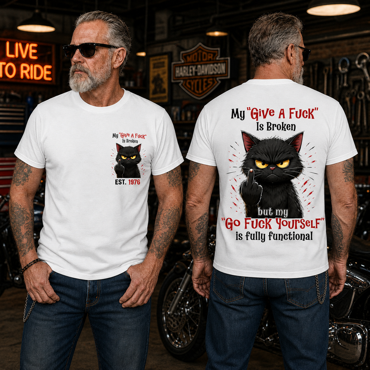 My “Give A F*ck” Is Broken Funny Cat Graphic Tee | Custom EST Year Shirt
