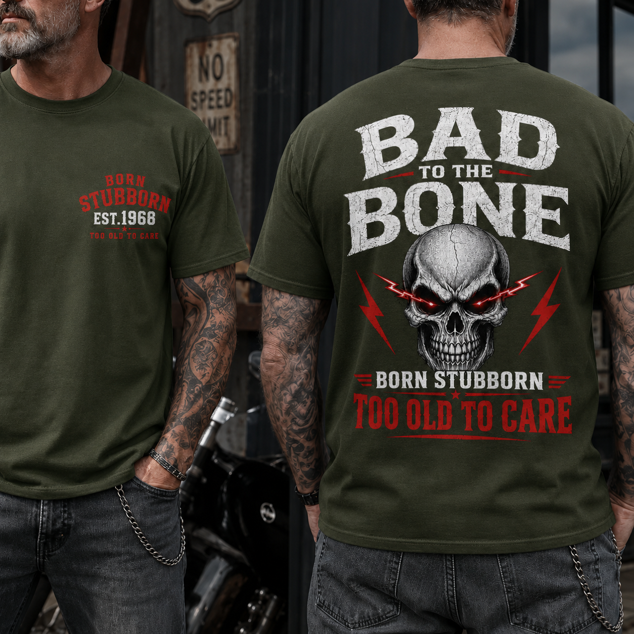 Bad To The BornTM Too Old To Care Boomer/Gen X Custom Year T-Shirt