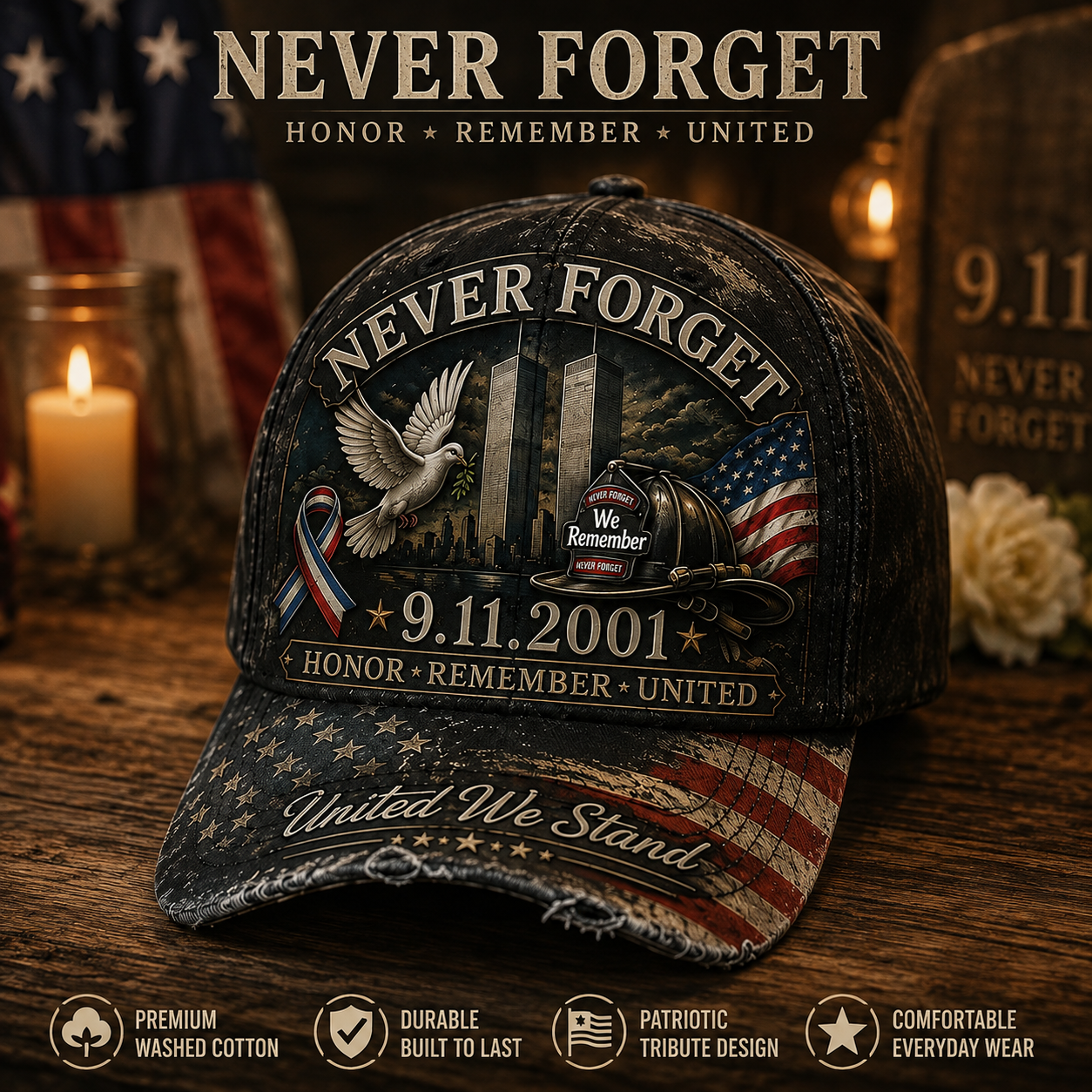 Never Forget 9.11.2001 Memorial Cap