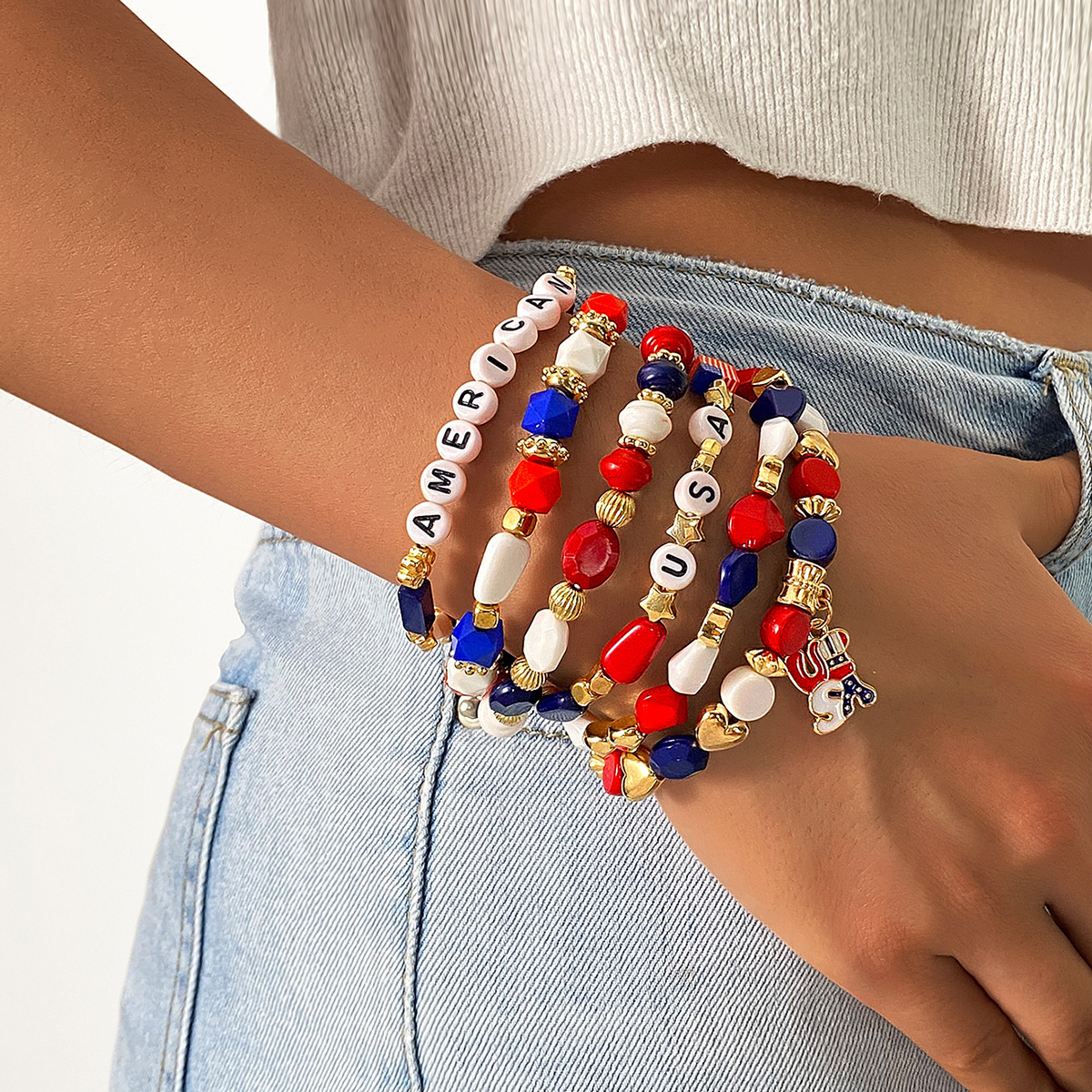 U.S. Patriotic Beaded Bracelet Set – Red White and Blue USA Charm Elastic Stretch Bangles – Holiday Outfits & Party Wear
