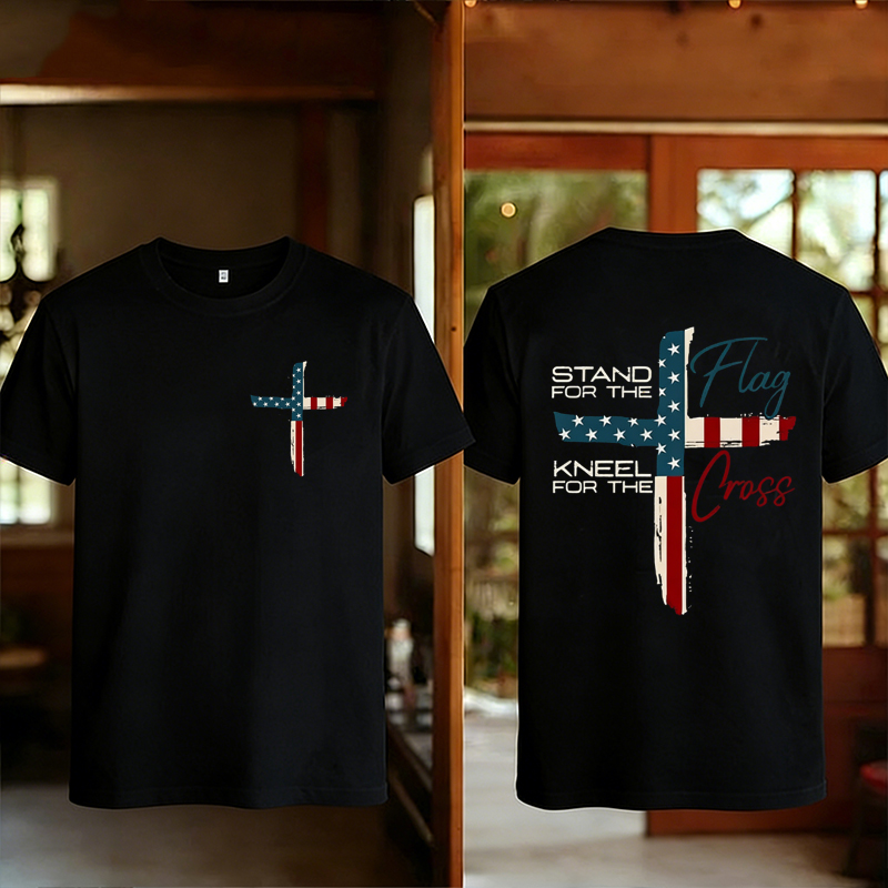Patriotic Christian Faith T-Shirt – Stand for Flag Kneel for Cross Religious American Pride Cross Design Tee