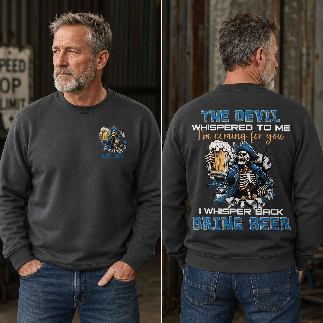 The Devil Whispered To Me I Whisper Back Bring Beer Gen X//Boomer Custom Birth Year Crewneck Sweatshirt
