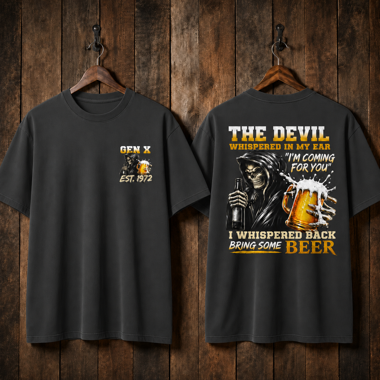 The Devil WhisperedTM Boomer/Gen X Beer T-Shirt | Custom EST Year Grim Reaper Tee