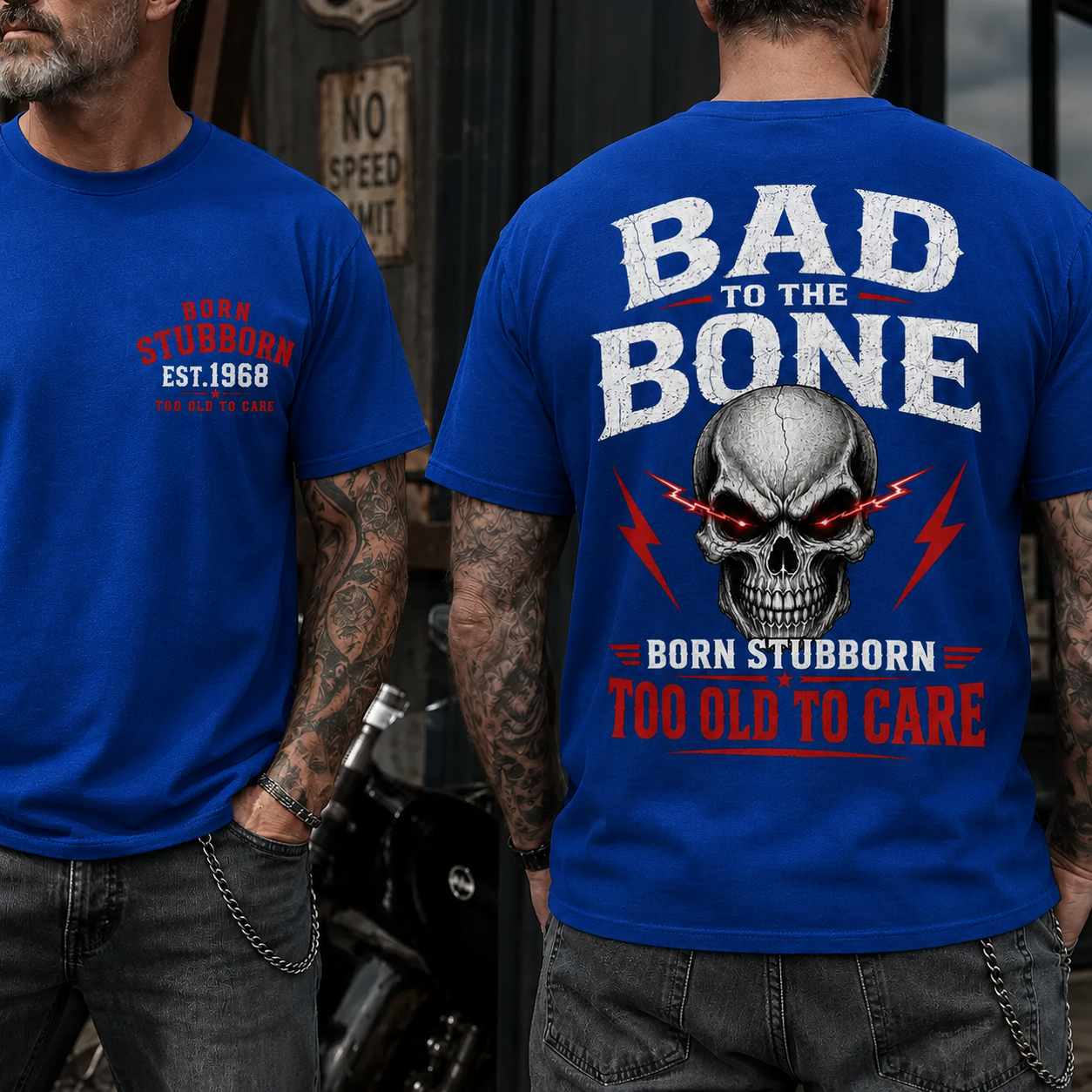 Bad To The BornTM Too Old To Care Boomer/Gen X Custom Year T-Shirt