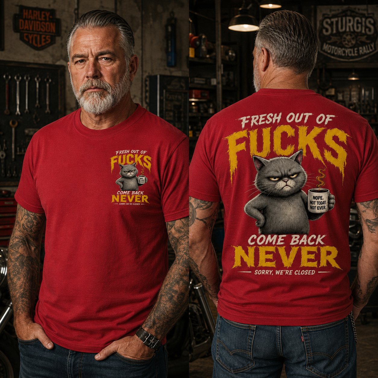 Fresh Out Of F*cks Cat Dad Graphic Tee – Come Back Never Funny Cat Shirt