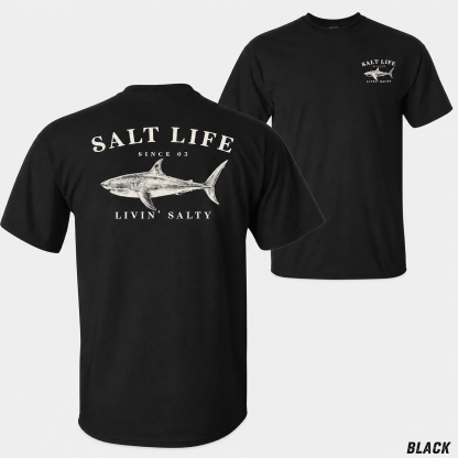 Salt Life Livin Salty Shark Fishing T Shirt for Men, Breathable Offshore Angler Tee, Ocean Lifestyle Top, Trendy Outdoor Beach Vacation Outfits Going Out Outfit