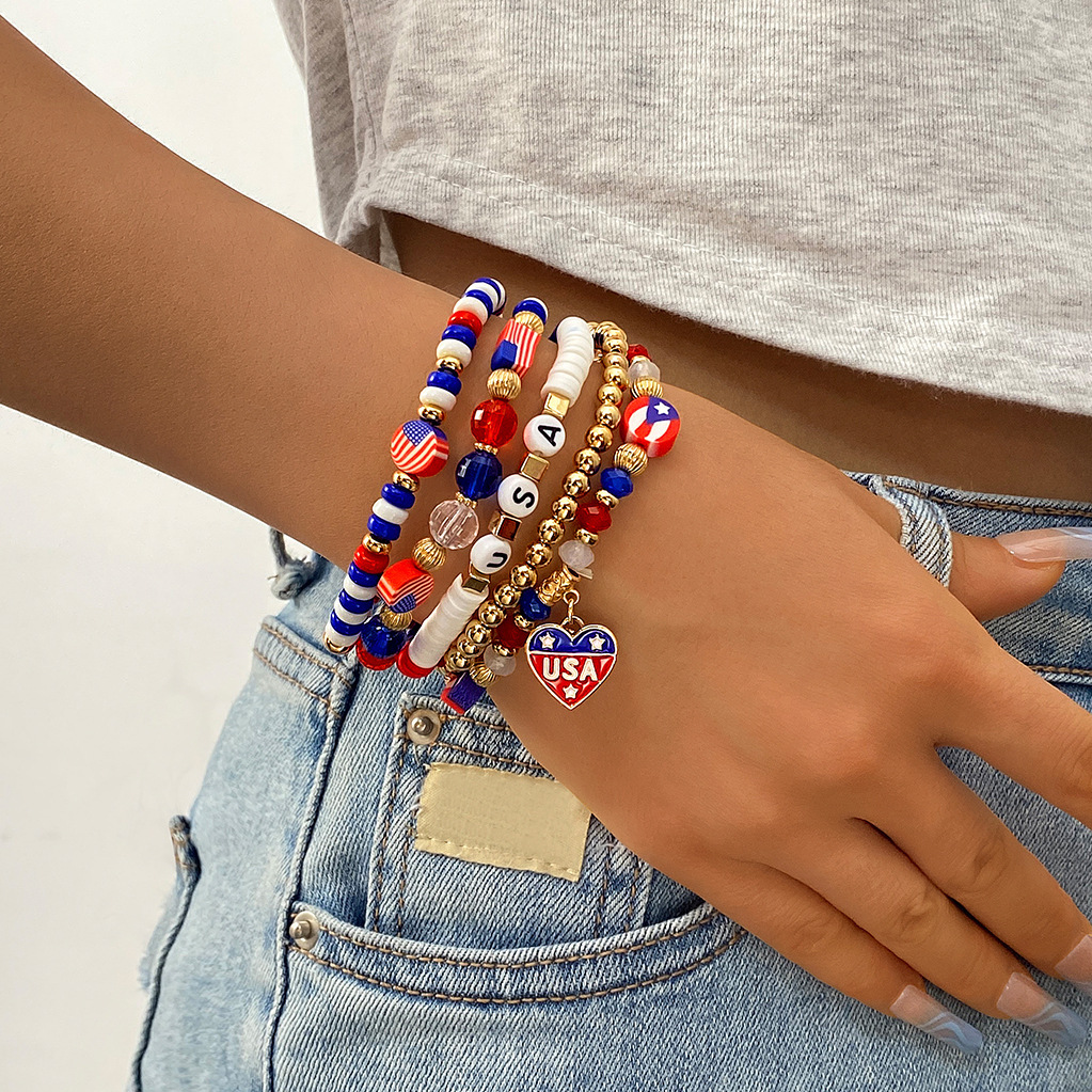 U.S. Patriotic Beaded Bracelet Set – Red White and Blue USA Charm Elastic Stretch Bangles – Holiday Outfits & Party Wear