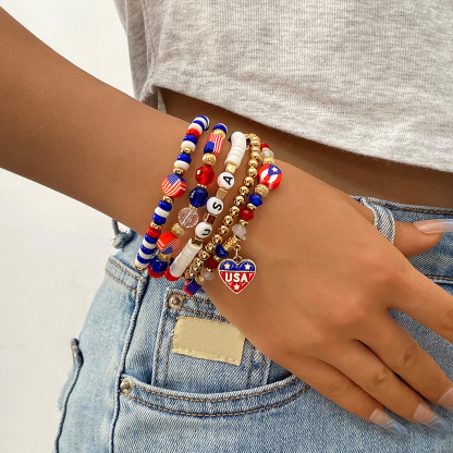 U.S. Patriotic Beaded Bracelet Set – Red White and Blue USA Charm Elastic Stretch Bangles – Holiday Outfits & Party Wear