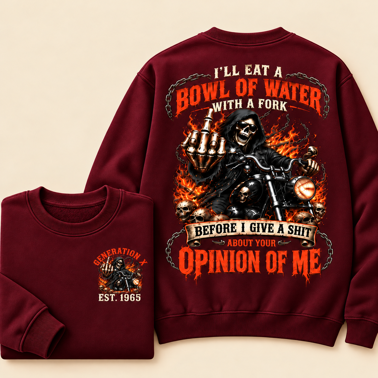 Personalized Year 1965-1980 I'll Eat A Bowl Of Water With A Fork Hoodie, Biker Skull Graphic Crewneck Sweatshirt