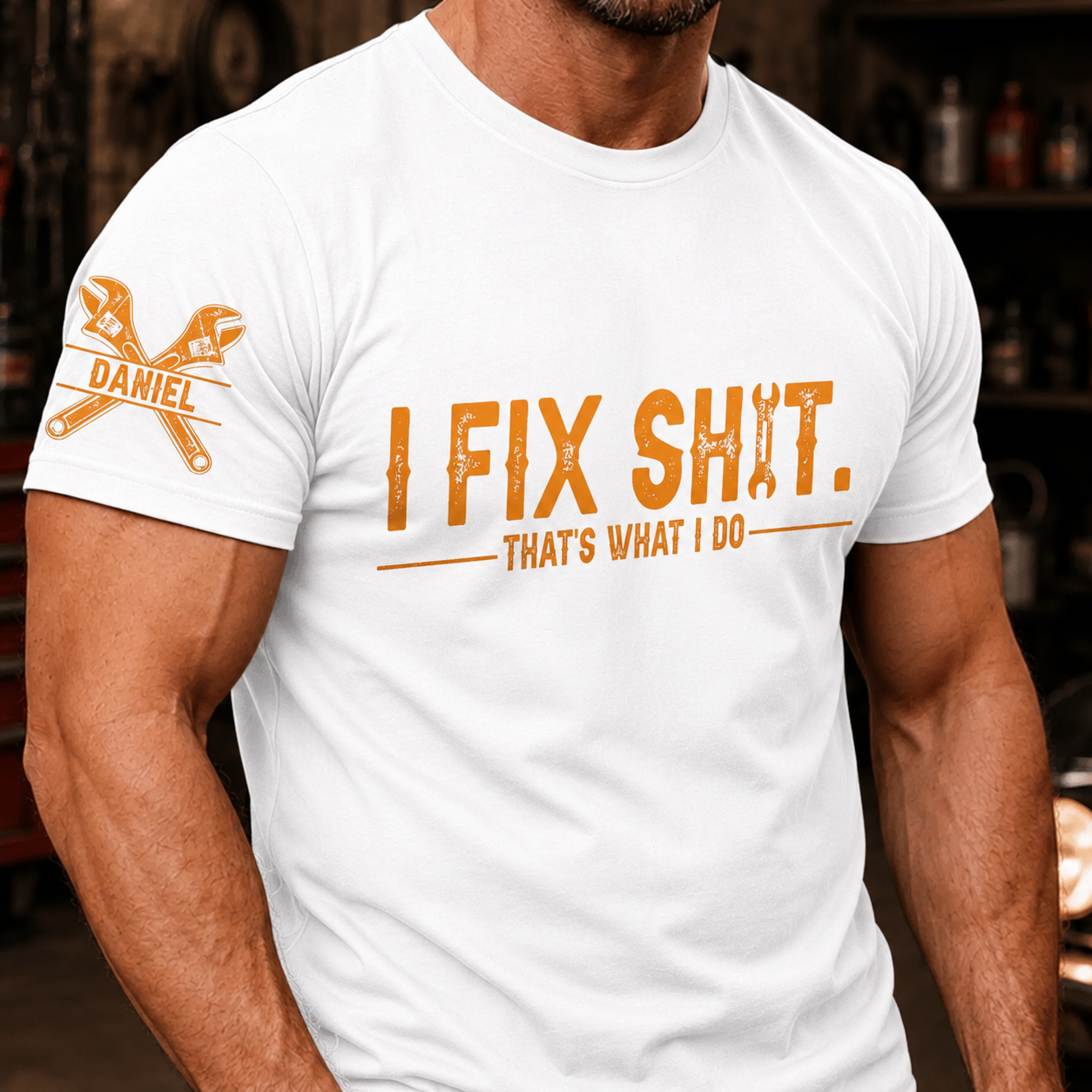 Custom Mechanic Unisex T-Shirt With Design On Sleeve - Personalized Birthday Gifts For Men, Dad, Grandpa, Husband - Built To Fix