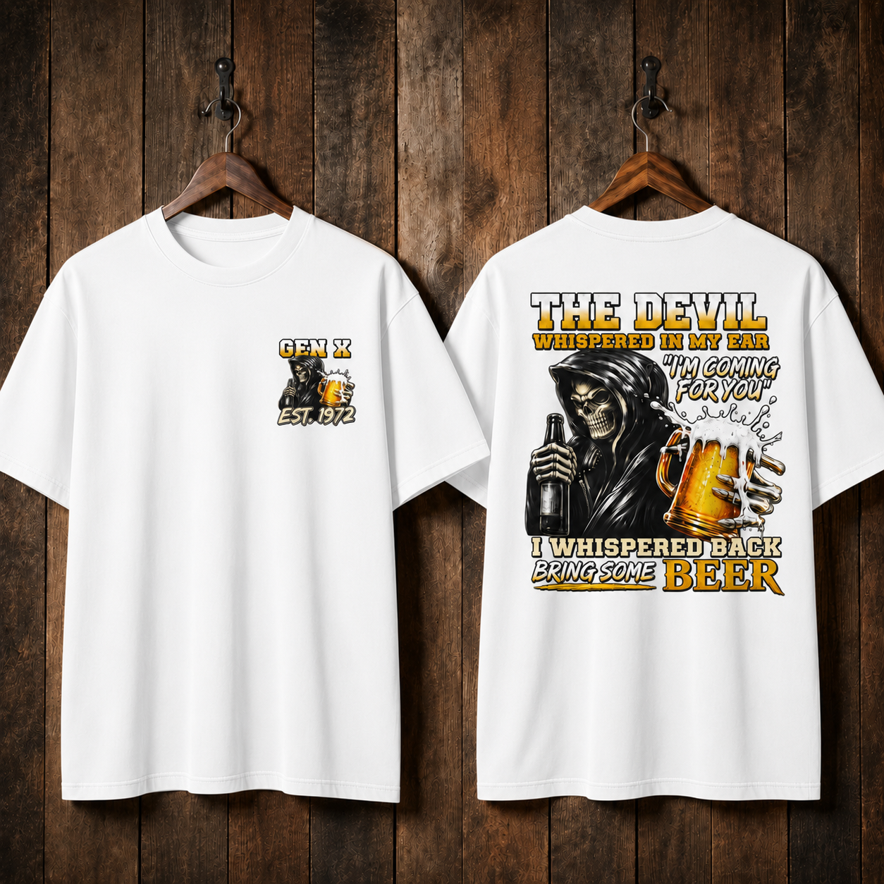 The Devil WhisperedTM Boomer/Gen X Beer T-Shirt | Custom EST Year Grim Reaper Tee