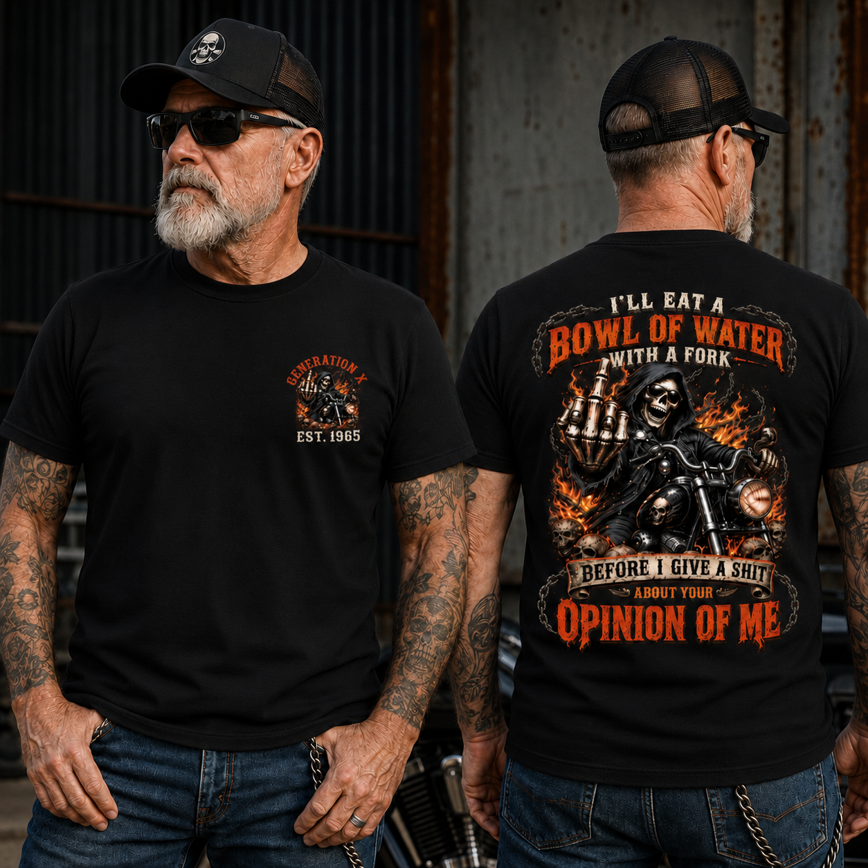 Personalized Year 1965-1980 I'll Eat A Bowl Of Water With A Fork Shirt, Biker Skull Graphic Tee