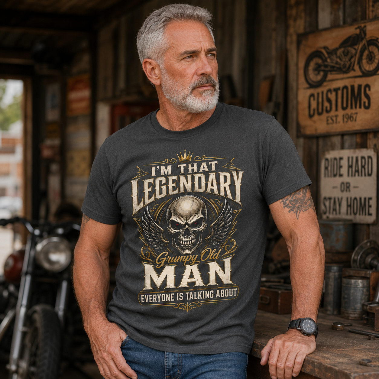 Im That Legendary Grumpy Old Man Biker Outfit Vintage Skull Biker T Shirt