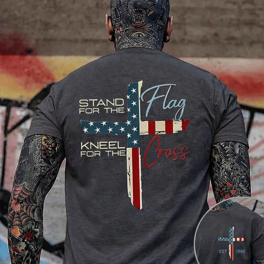 Patriotic Christian Faith T-Shirt – Stand for Flag Kneel for Cross Religious American Pride Cross Design Tee