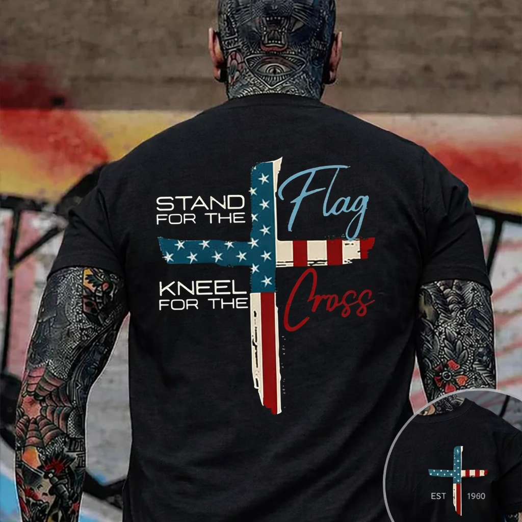 Patriotic Christian Faith T-Shirt – Stand for Flag Kneel for Cross Religious American Pride Cross Design Tee
