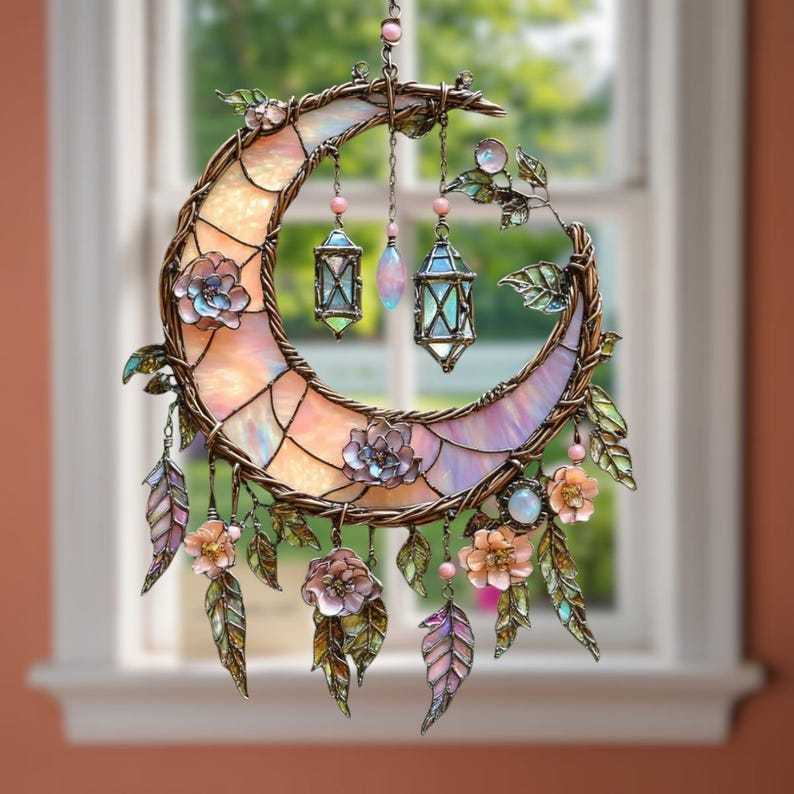 🔥🔥Limited Sale 50% Off--🌙Hand-Painted Moon and Floral Window Decor💖