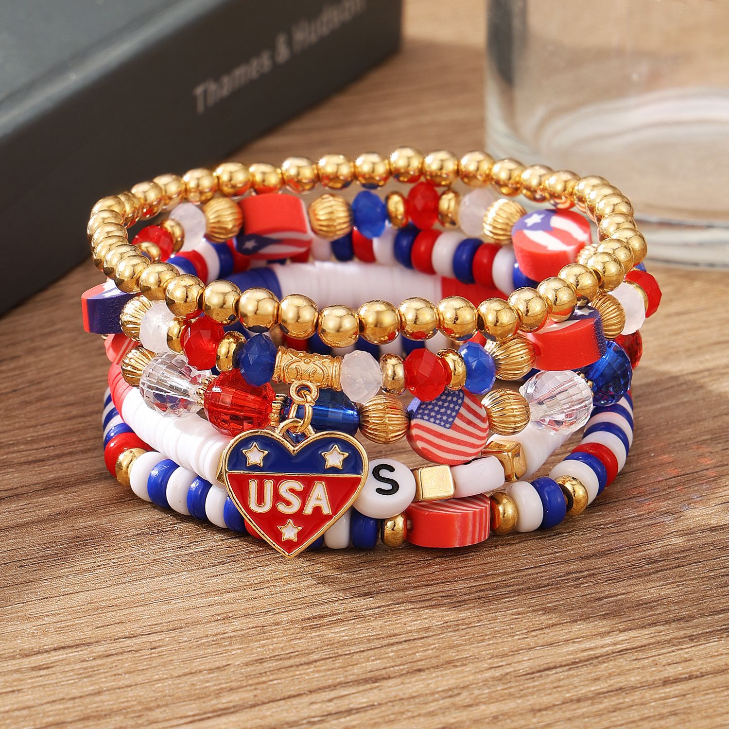 U.S. Patriotic Beaded Bracelet Set – Red White and Blue USA Charm Elastic Stretch Bangles – Holiday Outfits & Party Wear