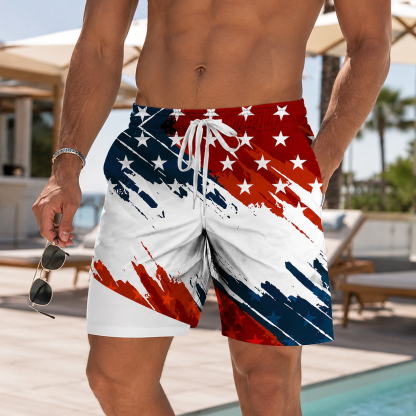 Men's 4th of July U.S. Flag Lined Shorts 2 in 1 Board Shorts Swim Shorts Mid Waist Patriotic