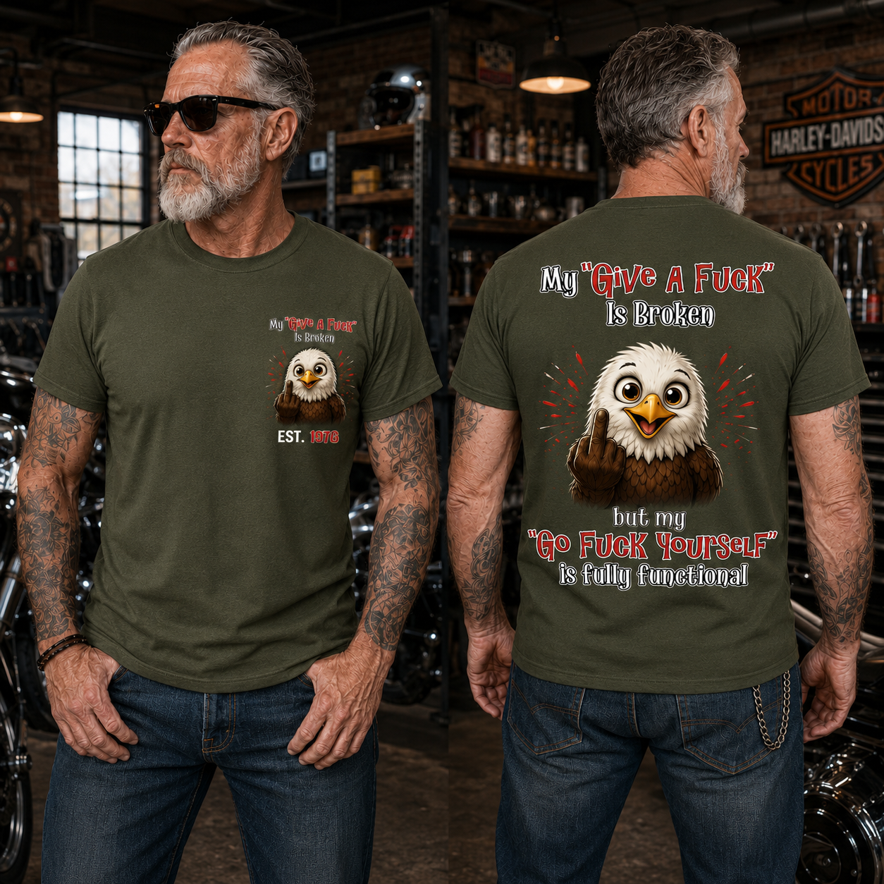 My “Give A F*ck” Is Broken Funny Bald Eagle Graphic Tee | Custom EST Year Shirt