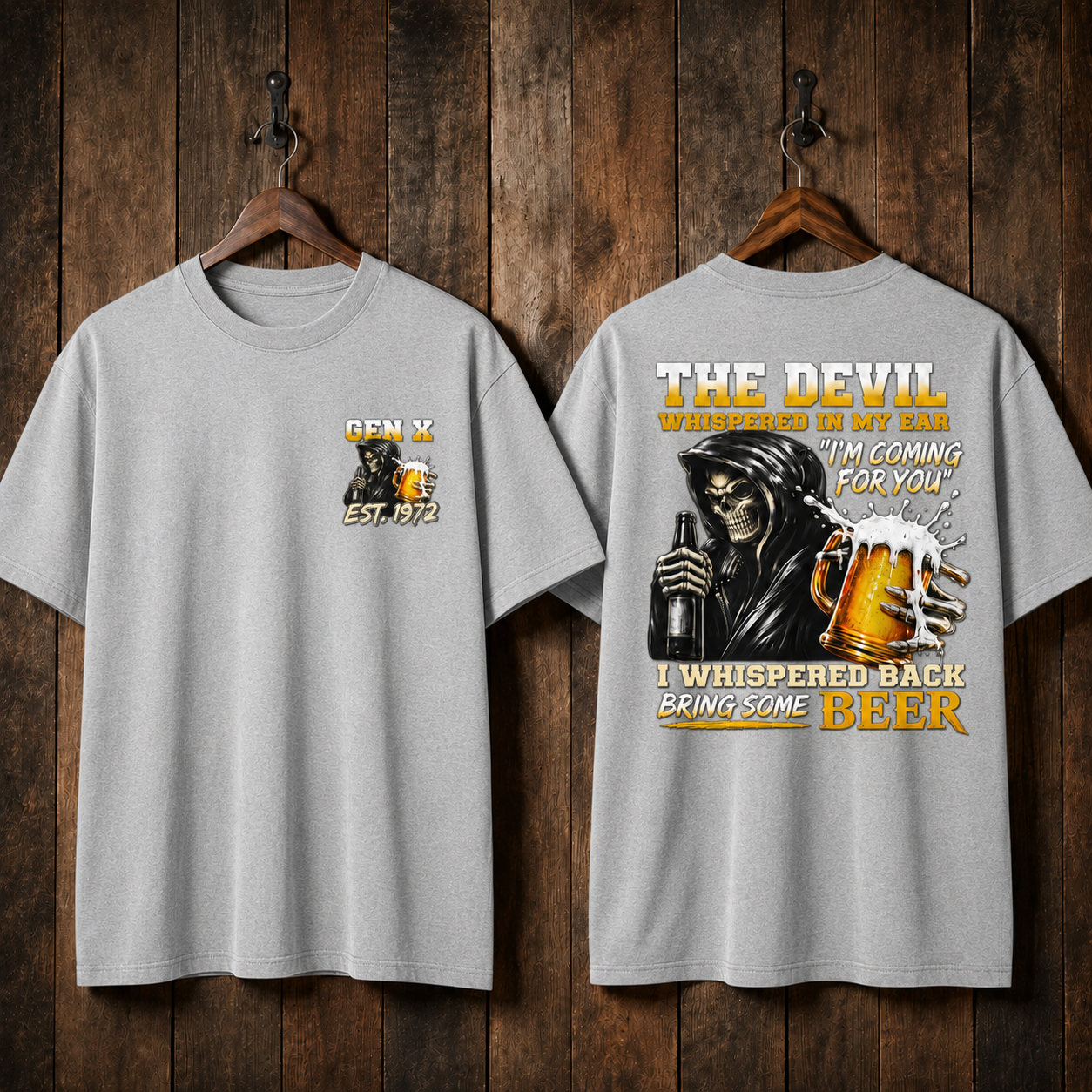 The Devil WhisperedTM Boomer/Gen X Beer T-Shirt | Custom EST Year Grim Reaper Tee