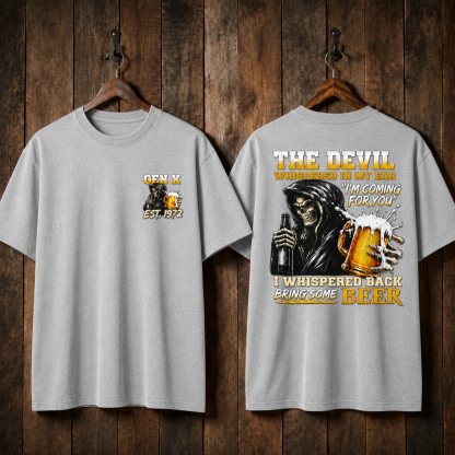 The Devil WhisperedTM Boomer/Gen X Beer T-Shirt | Custom EST Year Grim Reaper Tee