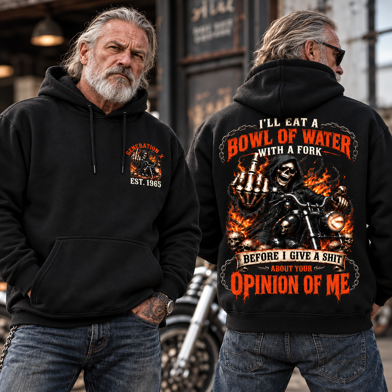 Personalized Year 1965-1980 I'll Eat A Bowl Of Water With A Fork Hoodie, Biker Skull Graphic Hoodie