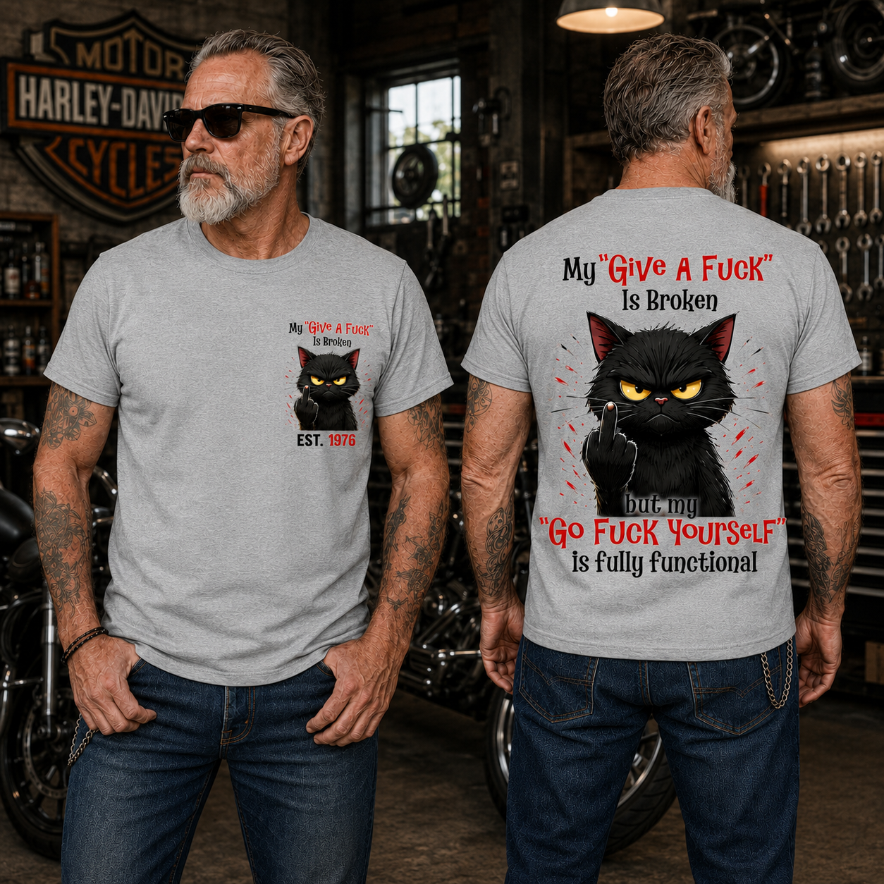 My “Give A F*ck” Is Broken Funny Cat Graphic Tee | Custom EST Year Shirt