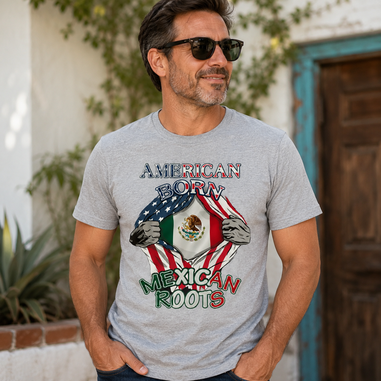 American Born Mexican Roots Flag Tee Proud USA Love Mexico T-Shirt