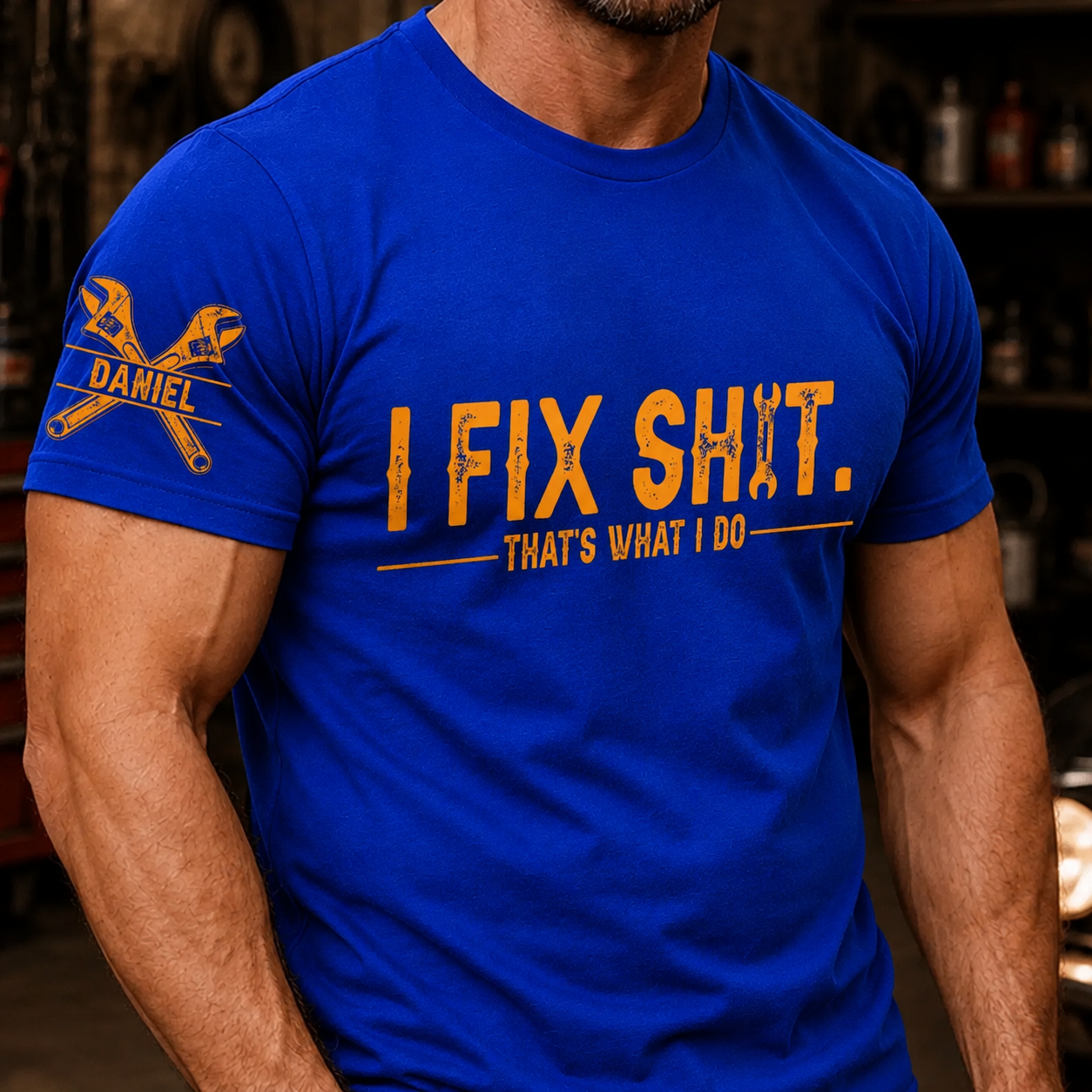 Custom Mechanic Unisex T-Shirt With Design On Sleeve - Personalized Birthday Gifts For Men, Dad, Grandpa, Husband - Built To Fix