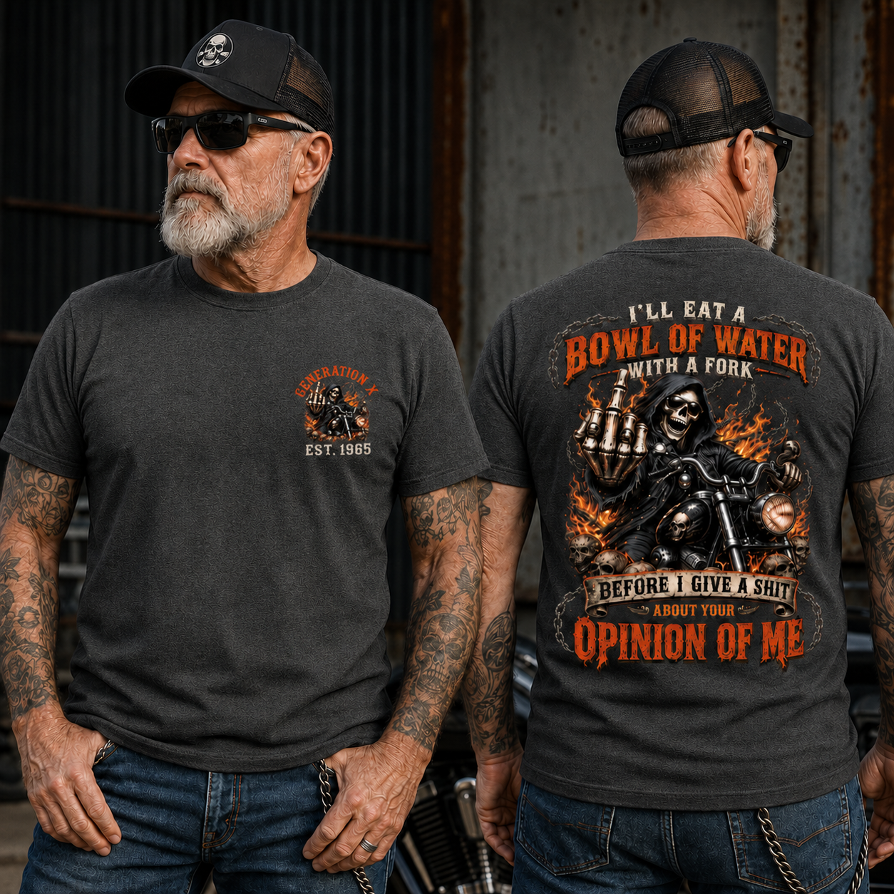 Personalized Year 1965-1980 I'll Eat A Bowl Of Water With A Fork Shirt, Biker Skull Graphic Tee