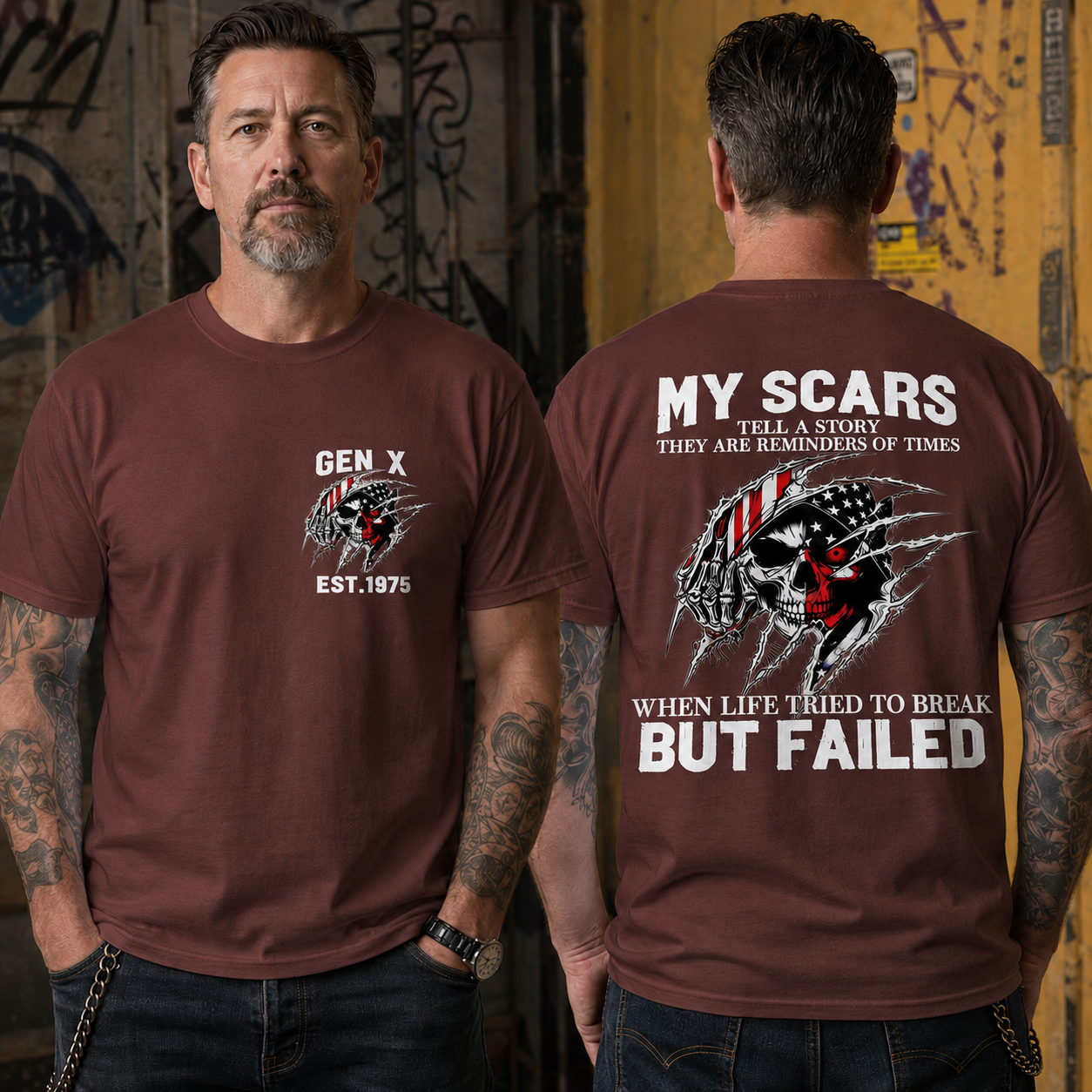 Custom Boomer/Gen X EST.Year & My Scars Tell A Story Double-Sided Patriotic Skull T-Shirt