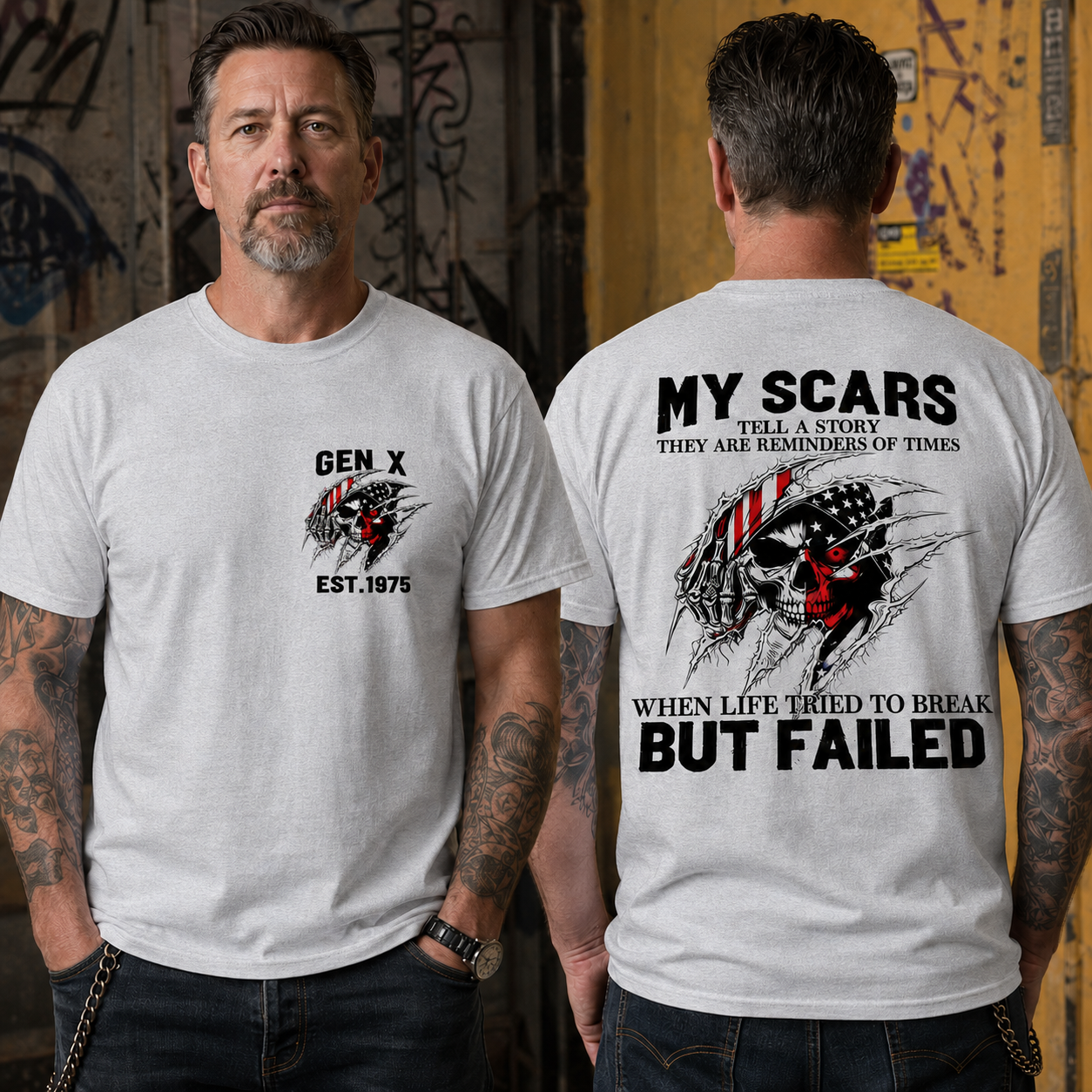 Custom Boomer/Gen X EST.Year & My Scars Tell A Story Double-Sided Patriotic Skull T-Shirt